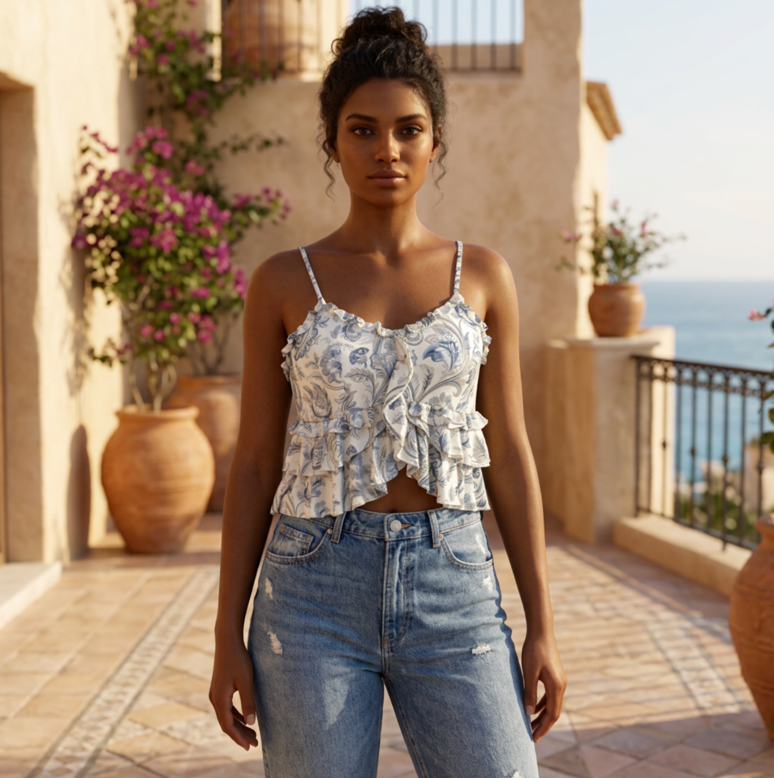 Vintage Blue Floral Ruched Crop Cami