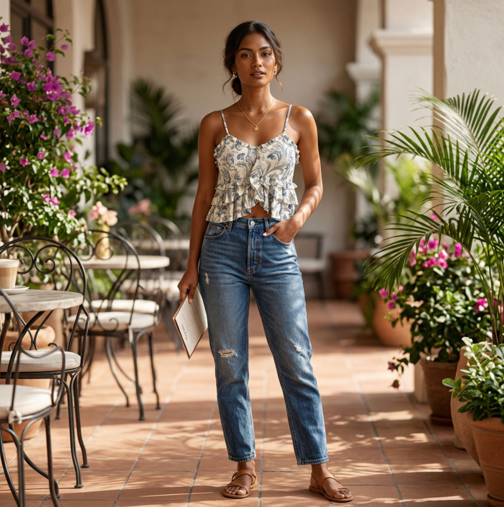 Vintage Blue Floral Ruched Crop Cami