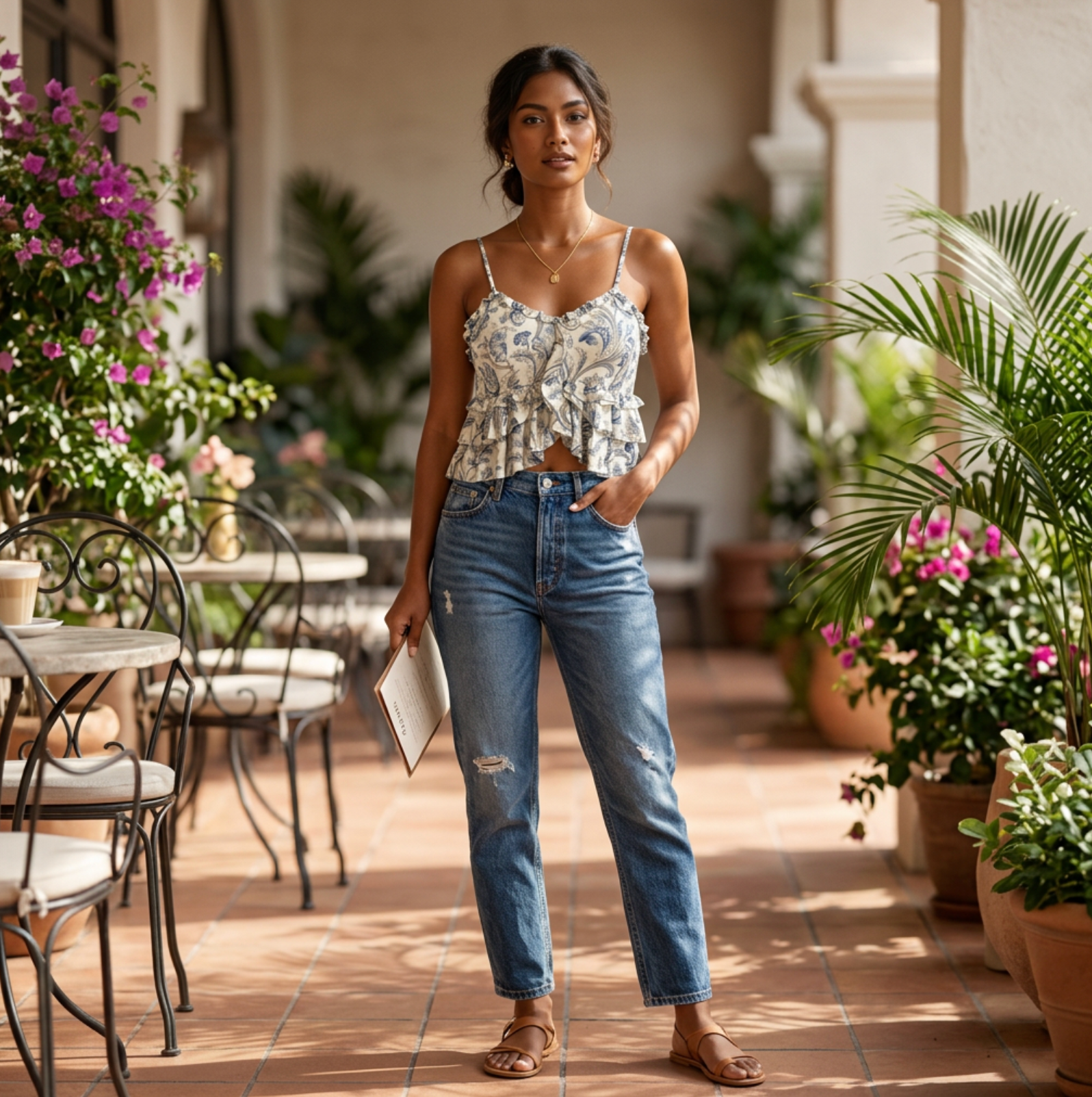 Vintage Blue Floral Ruched Crop Cami