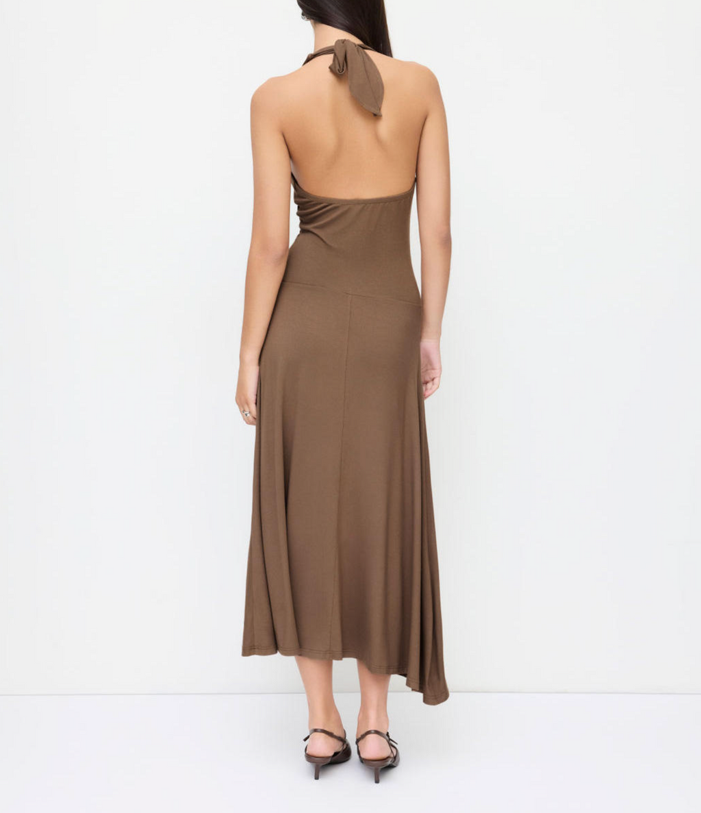 Women’s Brown Halter Neck Ruched Midi Dress