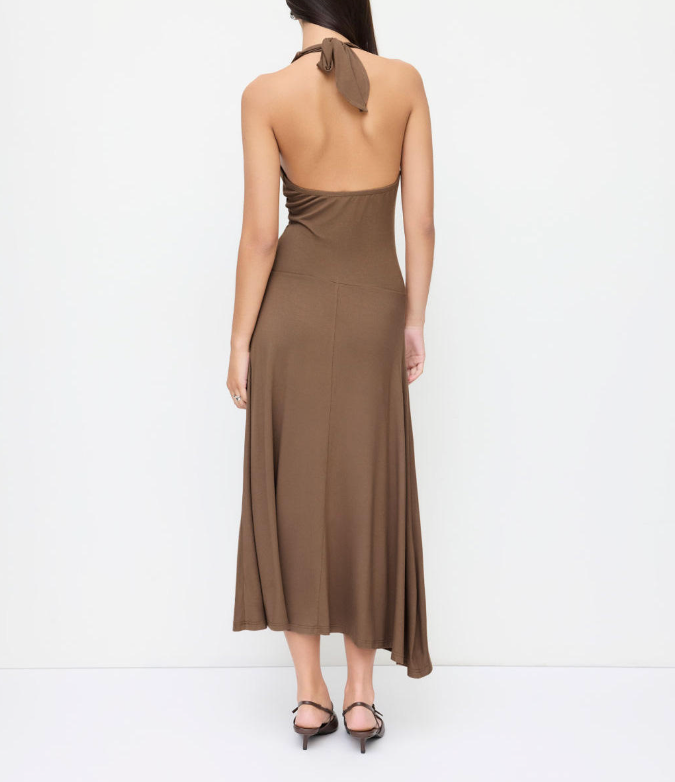 Women’s Brown Halter Neck Ruched Midi Dress