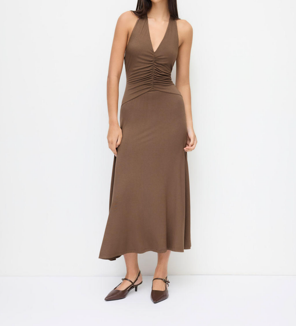 Women’s Brown Halter Neck Ruched Midi Dress
