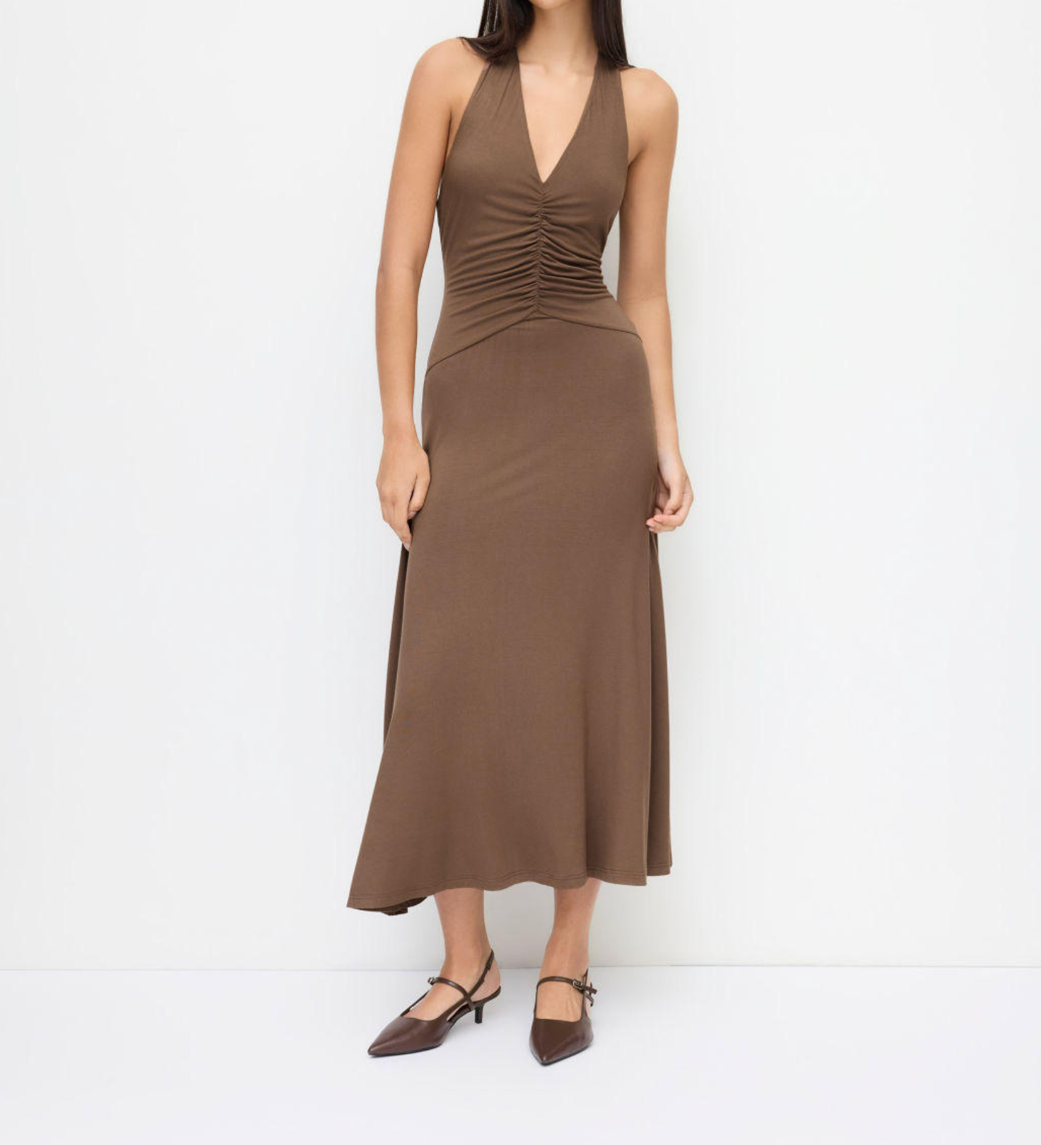 Women’s Brown Halter Neck Ruched Midi Dress