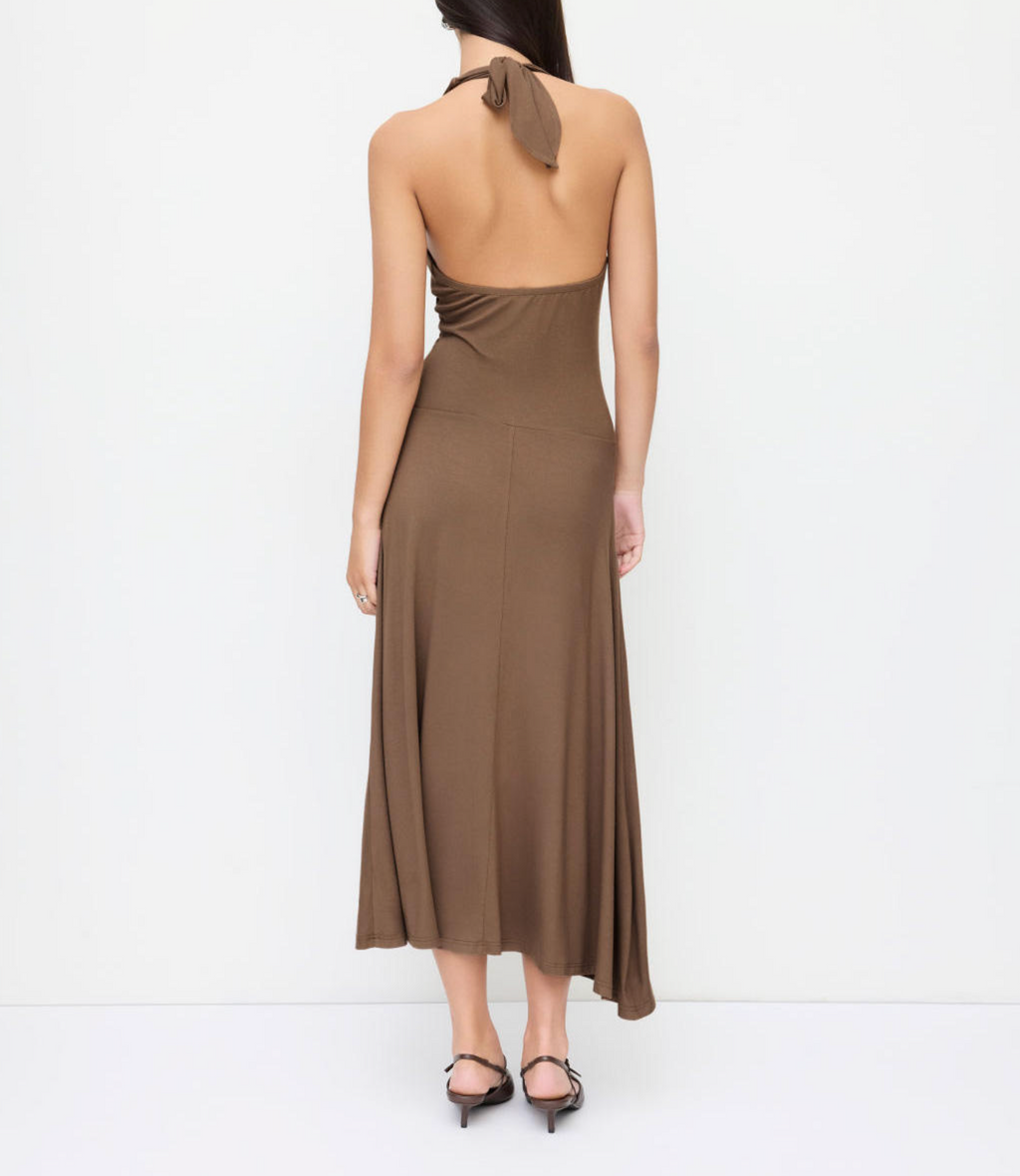 Women’s Brown Halter Neck Ruched Midi Dress