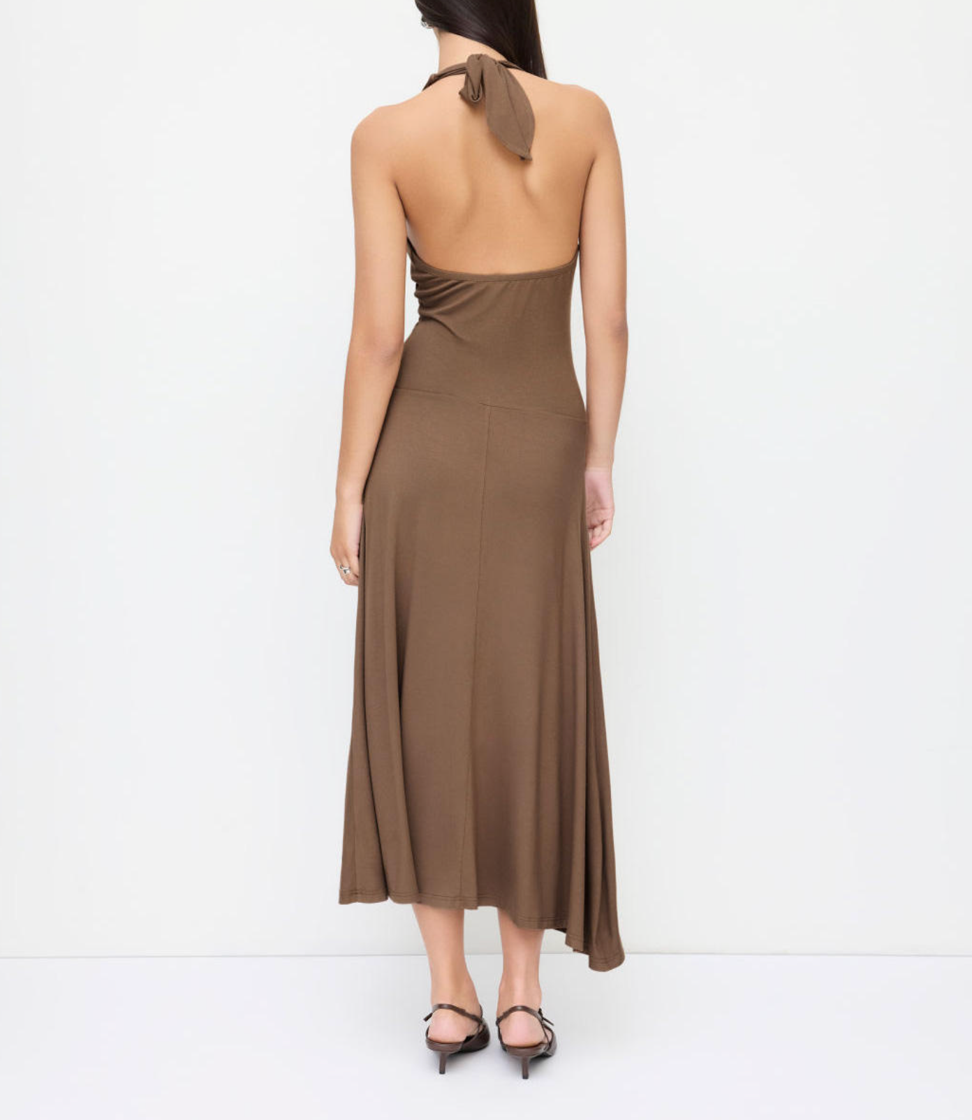 Women’s Brown Halter Neck Ruched Midi Dress