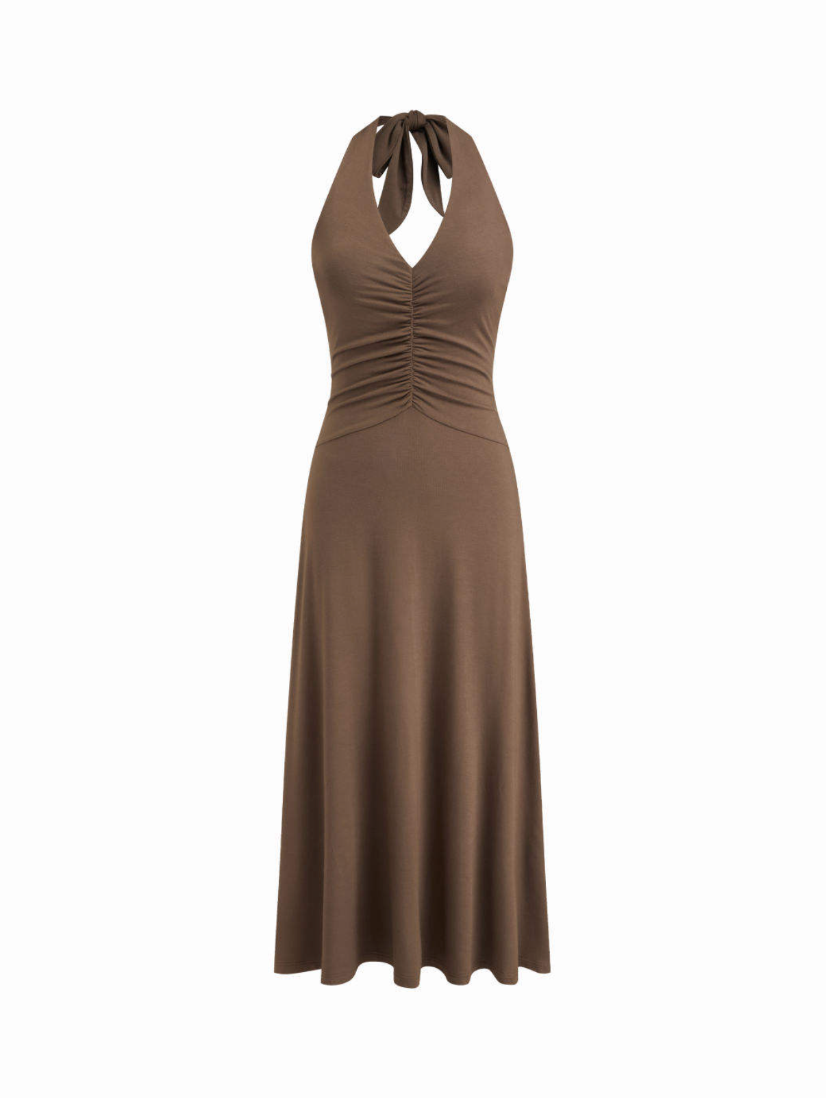 Women’s Brown Halter Neck Ruched Midi Dress