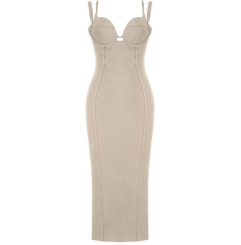 Women’s Beige Spaghetti Strap Bandeau Midi Dress